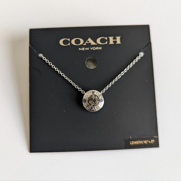 Coach Logo Open Circle Pendant Gray Center Stone Necklace Silver Tone Chain - Picture 2 of 4